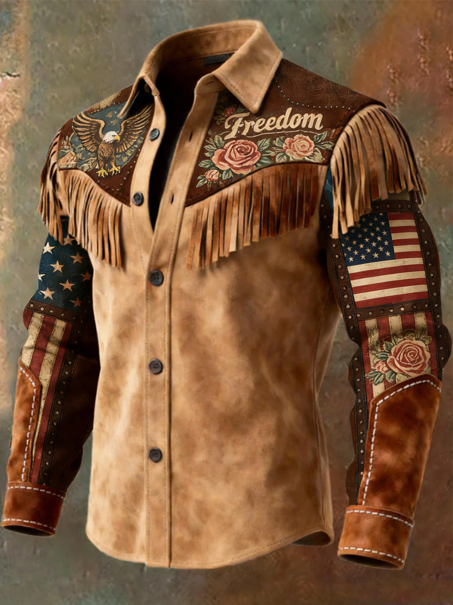 Men's Retro Freedom American Eagle Print Vintage Tassel Casual Long Sleeve Shirt